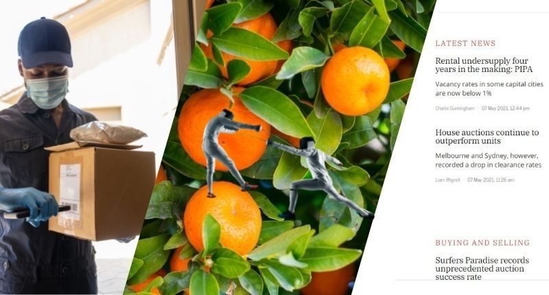 end of week asx wrap with delivery person in mask fencing people on citrus tree and news website for property