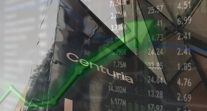 green arrow overlaid on centuria logo